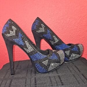 Shi By Journey Blue,Black, Silver Metallic Rhinestone Stiletto Heels Women's 8